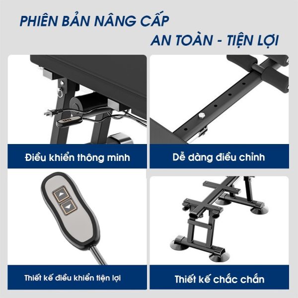 Chi tiết các tính năng nâng cấp của giường kéo giãn cột sống GBM-085 gồm điều khiển thông minh, dễ dàng điều chỉnh, chất liệu mút chuẩn y tế và thiết kế chân đế chắc chắn.